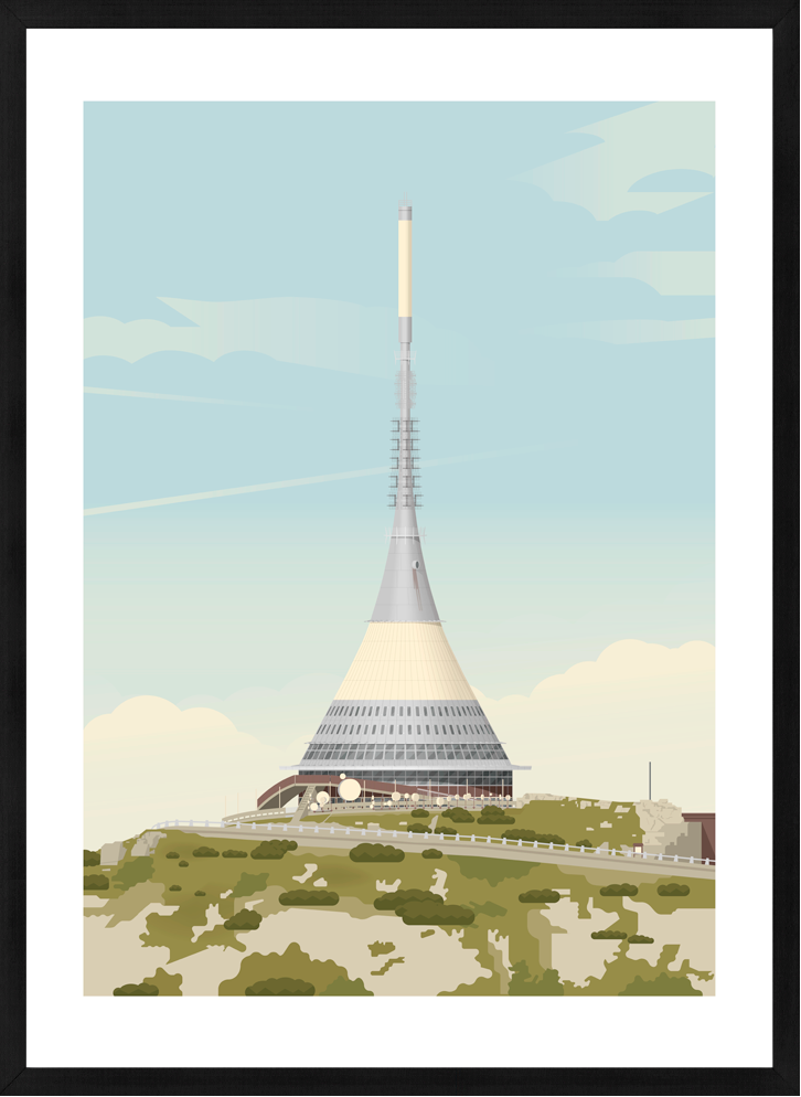 Vysílač Ještěd – tisk ilustrace – náhled v rámu