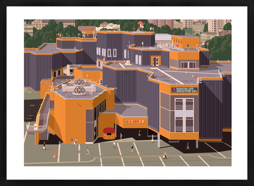 Tisk ilustrace – Obchodní dům Ještěd v černém rámu