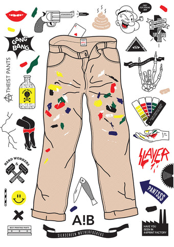 Kristina Ambrozová - Best printers pants – náhled sítotiskového plakátu. Tiskařské kalhoty špinavé od sítotiskových barev.