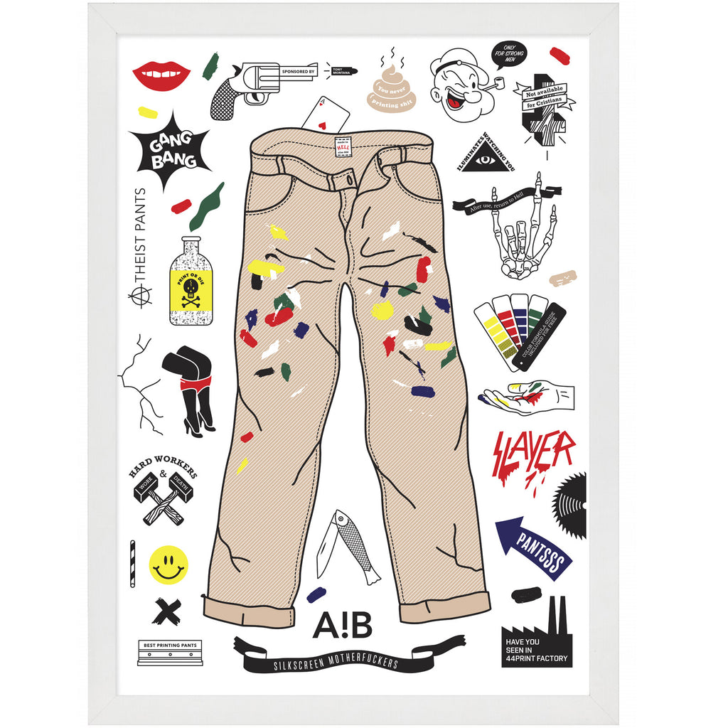 Kristina Ambrozová - Best printers pants – náhled sítotiskového plakátu. Tiskařské kalhoty špinavé od sítotiskových barev.  V rámu